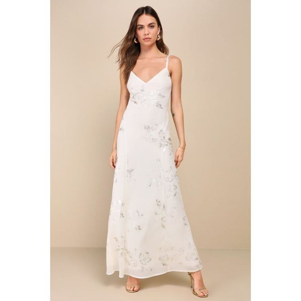 Lulus Blissfully Graceful Ivory Floral Metallic Backless Maxi Dress White
